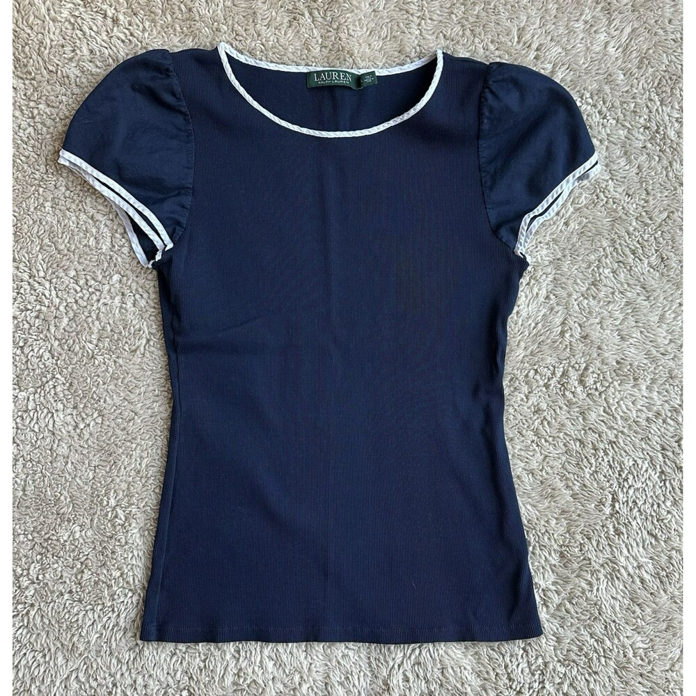 Lauren Ralph Lauren Cap Sleeve Top Womens L Ribbed Knit Nautical Preppy Shirt